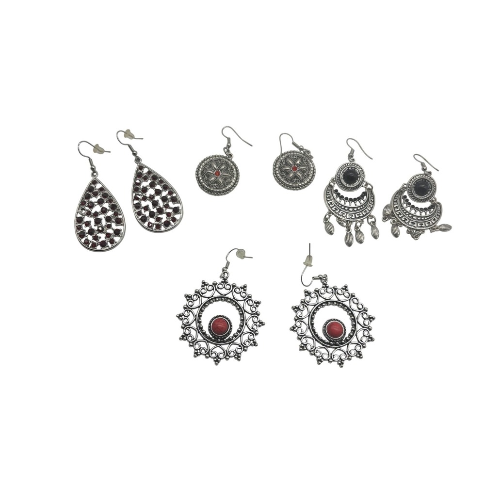 Lot of 4‎ Pairs Silver Tone Boho Statement Earrings Red Black Rhinestone Dangle